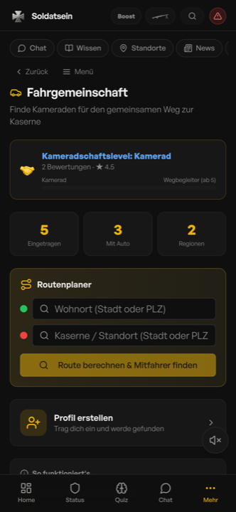 Mitfahrbörse in der Soldatsein App