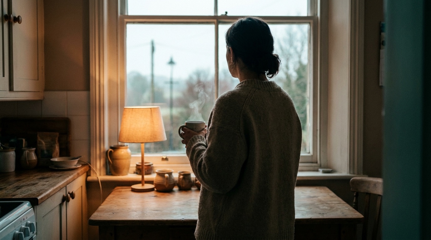 Ein Elternteil steht früh am Fenster, nachdenklich
