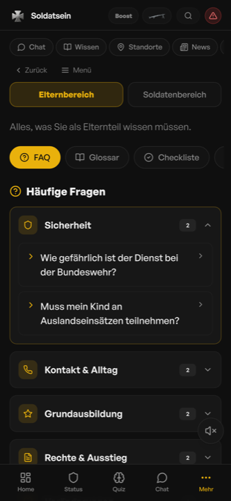 Elternbereich der Soldatsein App mit FAQ, Glossar und Checkliste