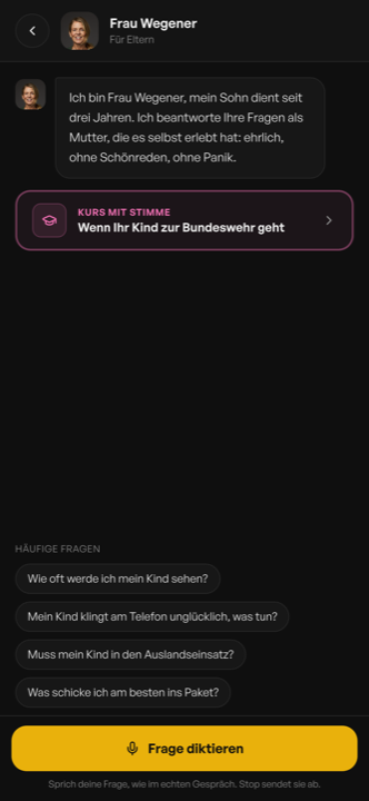 Frau Wegener beantwortet Elternfragen in der Soldatsein App