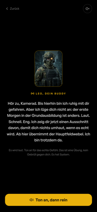 Grundausbildungs-Simulation in der Soldatsein App: Leo bereitet auf den ersten Morgen vor