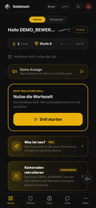 Startseite der Soldatsein App mit Streak, Stufe und täglichem Drill