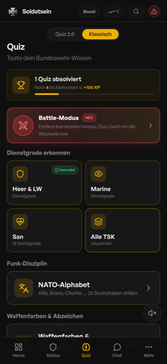 Quiz-Bereich der Soldatsein App