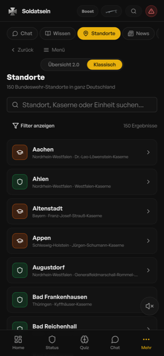 Standortübersicht der Bundeswehr in der Soldatsein App